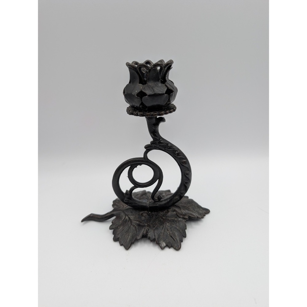 Vintage Cast Metal Rose Candle Holder 6" Victorian Art Nouveau Floral Vine